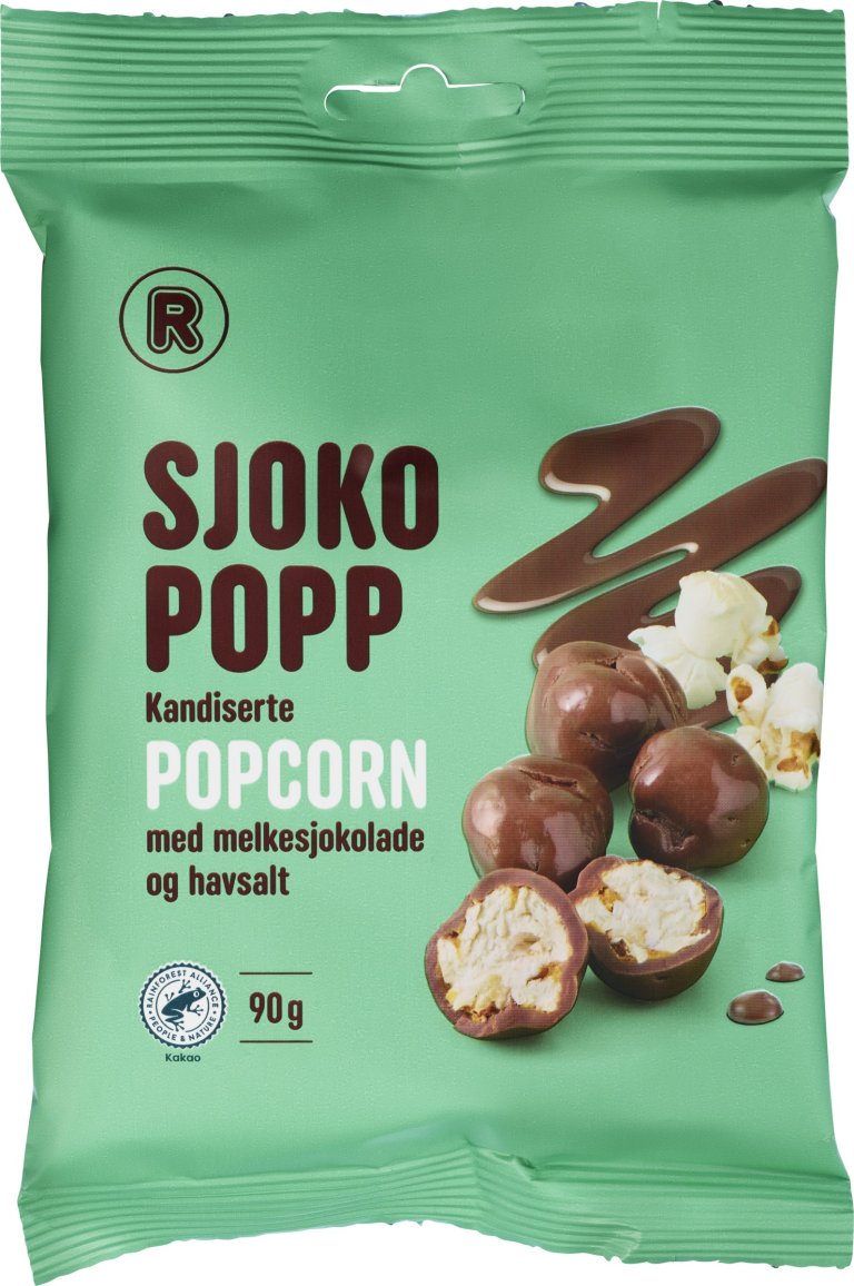 Grønn pose med bilde av popcorn med sjokoladetrekk
