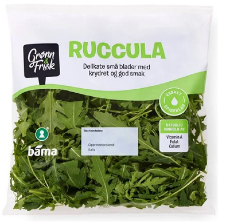 En pakke med grønn og frisk ruccola