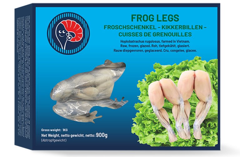 Blå boks med bilete av froskelår og salat og tekst på fleire språk.