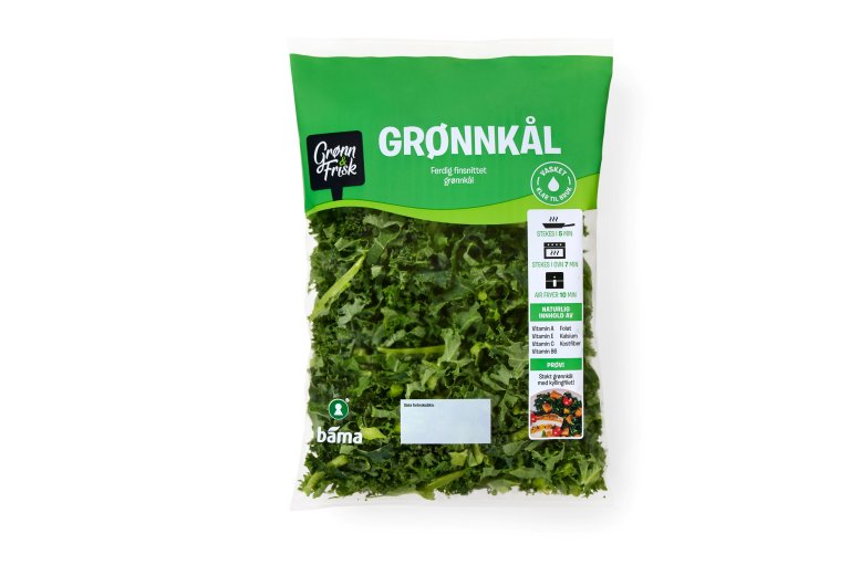 Bilde som viser Grønn og frisk ferdig snittet Grønnkål i plastpose.