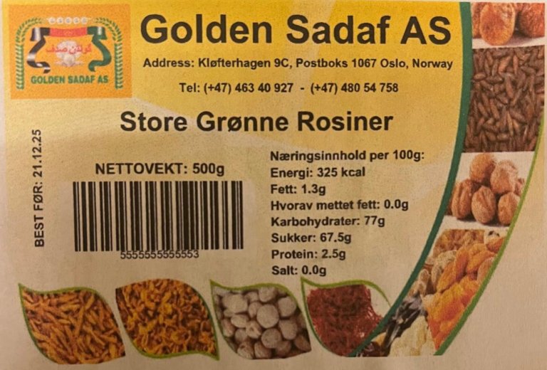 Pakke med store grønne rosiner 