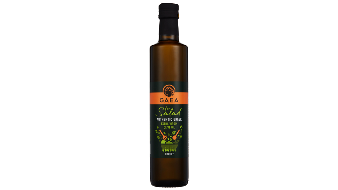 En flaske med GAEA salad extra virgin olivenolje