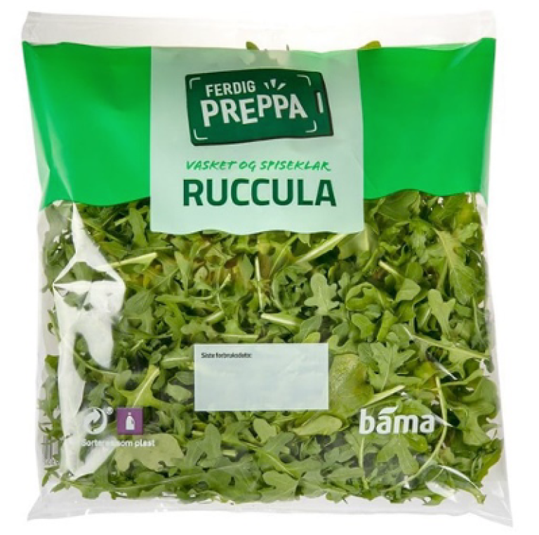 Pakke med vasket og spiseklar ruccola