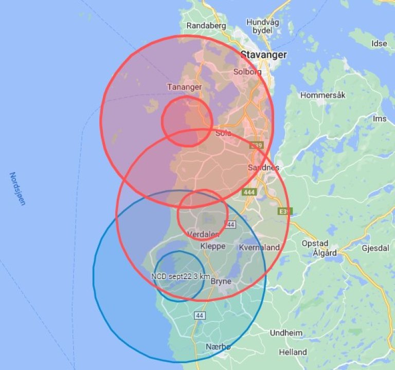 Figur 11: Figuren viser et kart med overvåkingssoner i Rogaland etter utbrudd av utbrudd av høypatogen fugleinfluensa og utbrudd av Newcastlesyke. På et tidspunkt var det flere overvåkingssoner som overlappet hverandre.