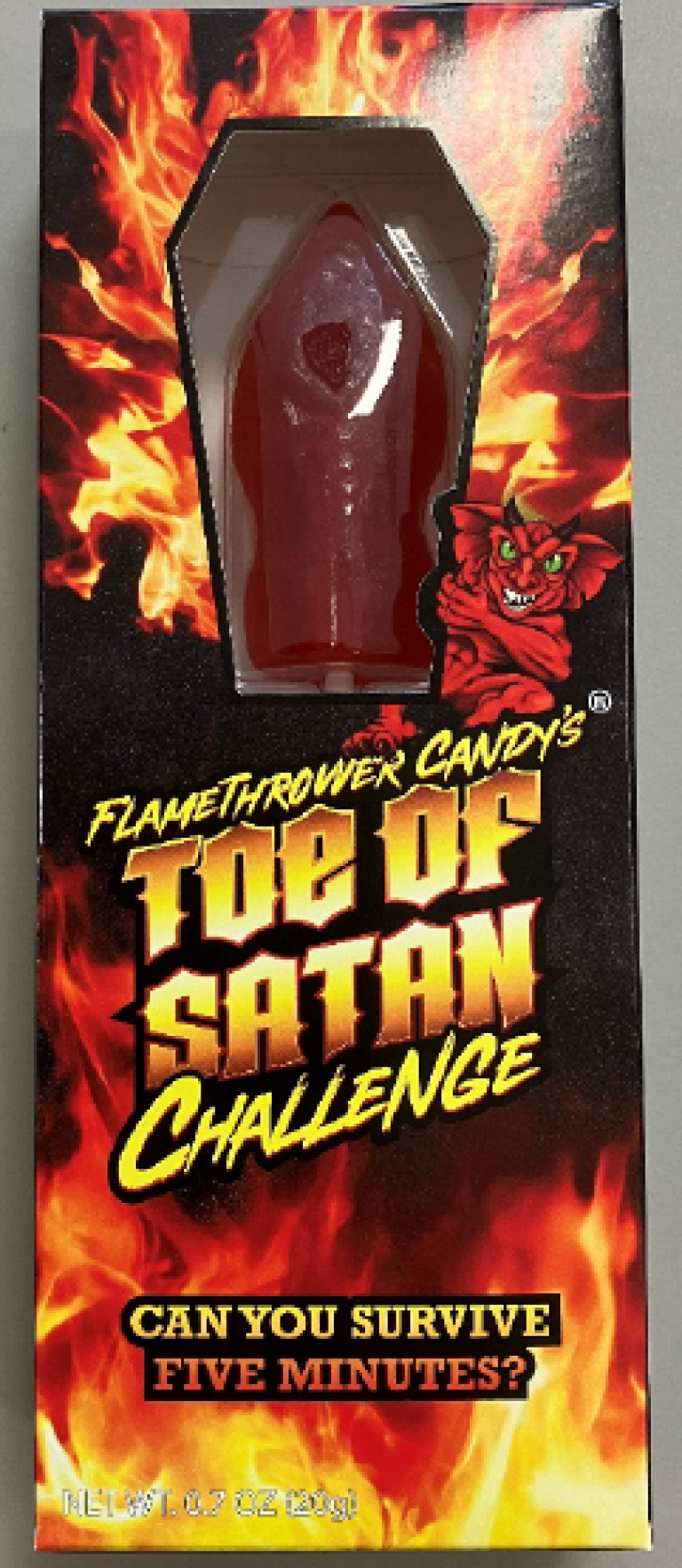 Emballasje for Toe of Satan med påskriften "Can you survive five minutes?"