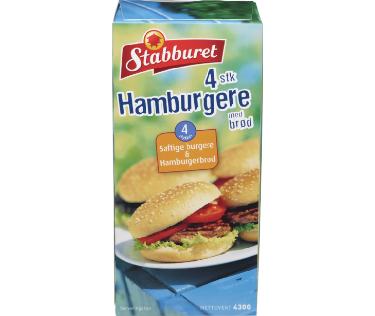 Bilde av en pakke med Stabburet hamburgere med brød, 4 stk