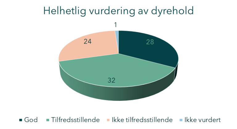 Fordeling av den helhetlige vurderingen av 84 dyrehold. 28 dyrehold hadde god, 32 dyrehold hadde tilfredsstillende og 24 dyrehold hadde ikke tilfredsstillende dyrevelferdig ifølge vurderingen. Ett dyrehold er ikke vurdert.