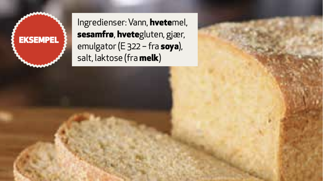 Eksempel på en ingrediensliste hvor allergener er framhevet (brød)