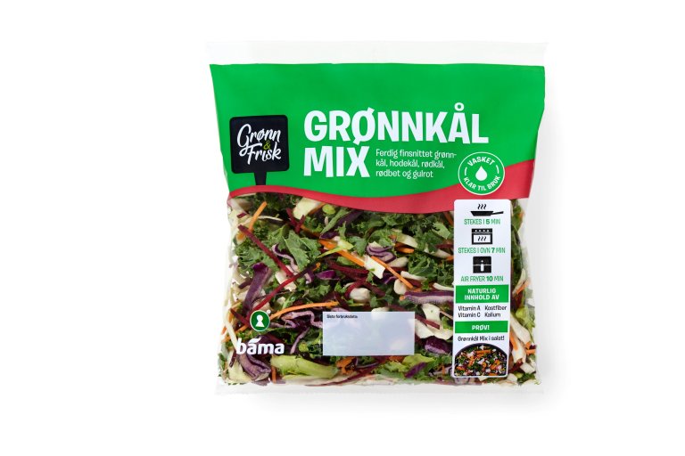 Bilde som viser ferdig snittet Grønnkål mix med grønnkål, hodekål rødkål rødbete og gulrot i plastpose 