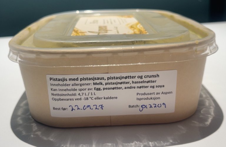 Aspens Pistasj 1 liter isboks sidekant med merking