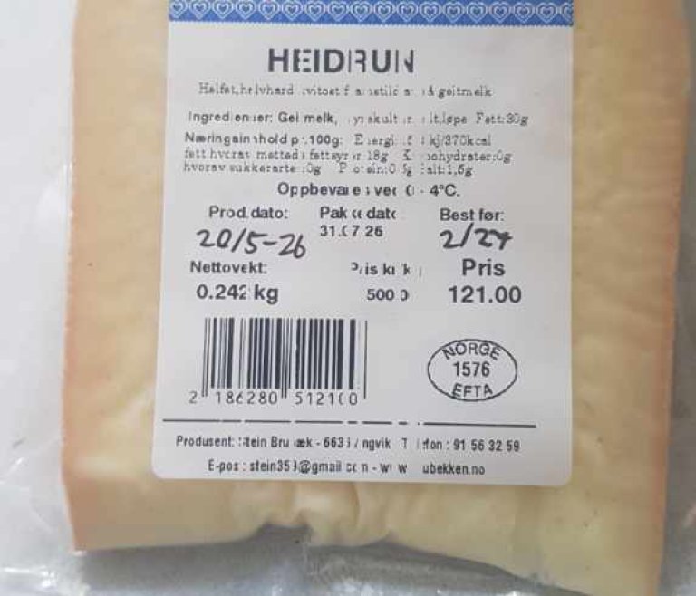 Bilde som viser etiketten på for osten Heidrun