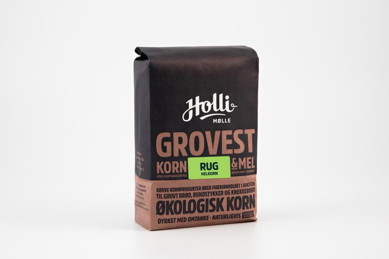 Pakke med Rug helkorn økologisk 1 kg fra Holli Mølle som tilbakekalles på grunn av meldrøye 