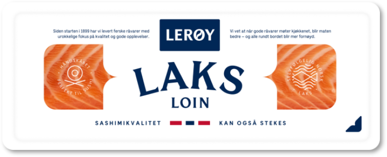 Avlang hvit vakuumpakning med blå skrift. 