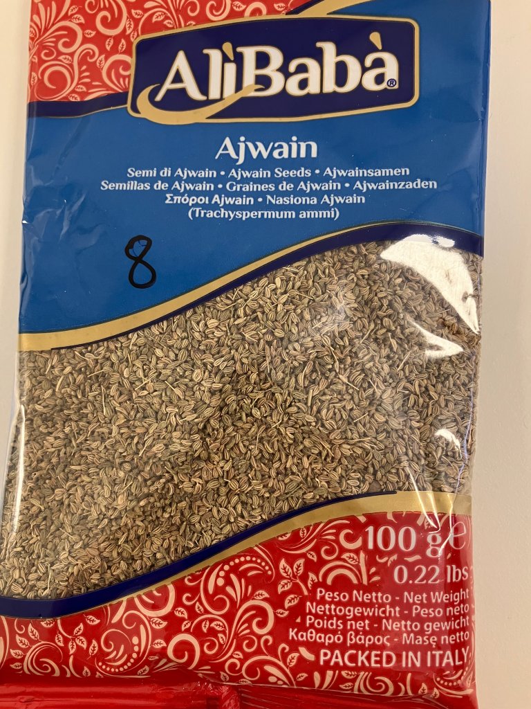 Forsiden av en pakke med AliBaba Ajwan-frø