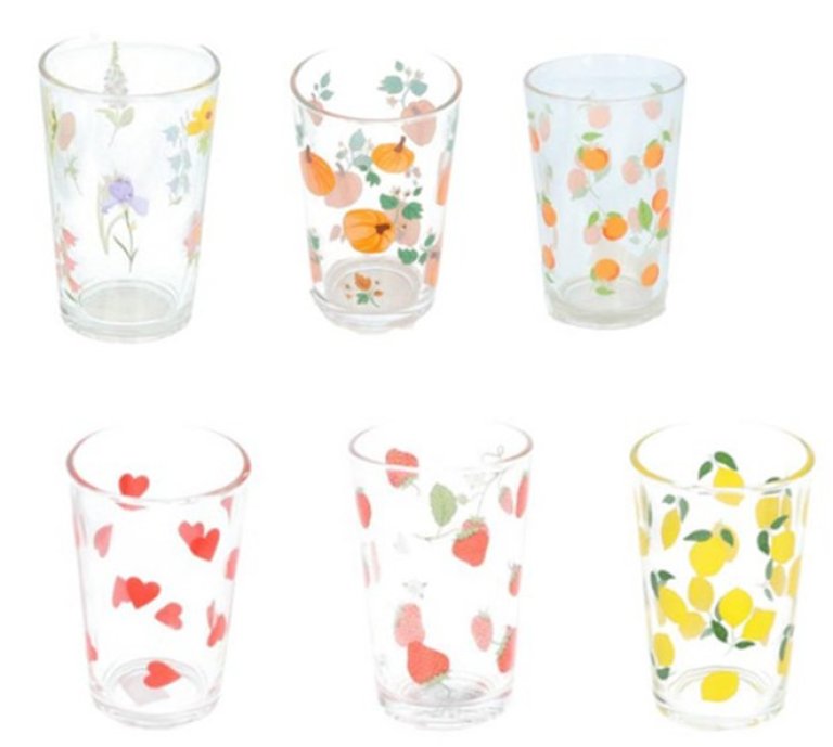 Seks drikkeglass med ulike motiver fra Flying tigers:  blomster, gresskar, appelsiner, hjerter, jordbær, sitroner
