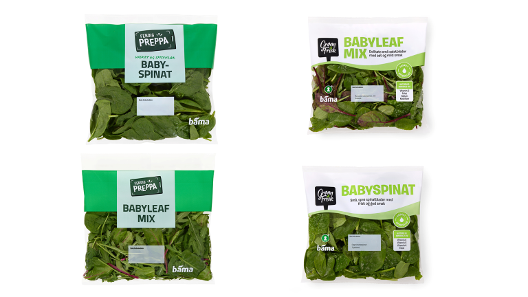 Babyspinat og babyleaf mix pakket i plastposer med modifisert atmosfære.
