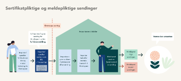 Illustrasjon av vareflyten for sertifikatpliktige og meldepliktige sendinger