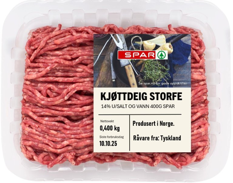 En pakke Spar kjøttdeig med siste forbruksdag 10.10.2025