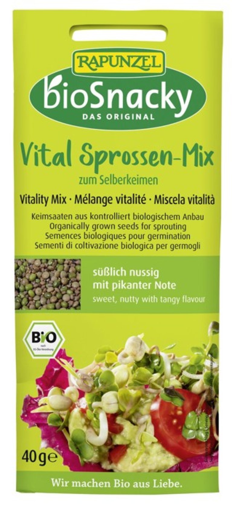 Grønn pakning med tysk tekst og bilde av frø til spiring og av spirer i en salat.