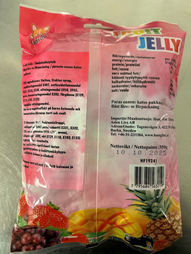 Baksiden av en pakke fruit jelly